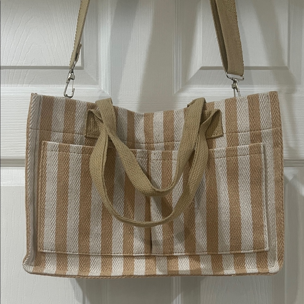 Woven Striped Tan Cream Convertible Shoulder Tote Bag